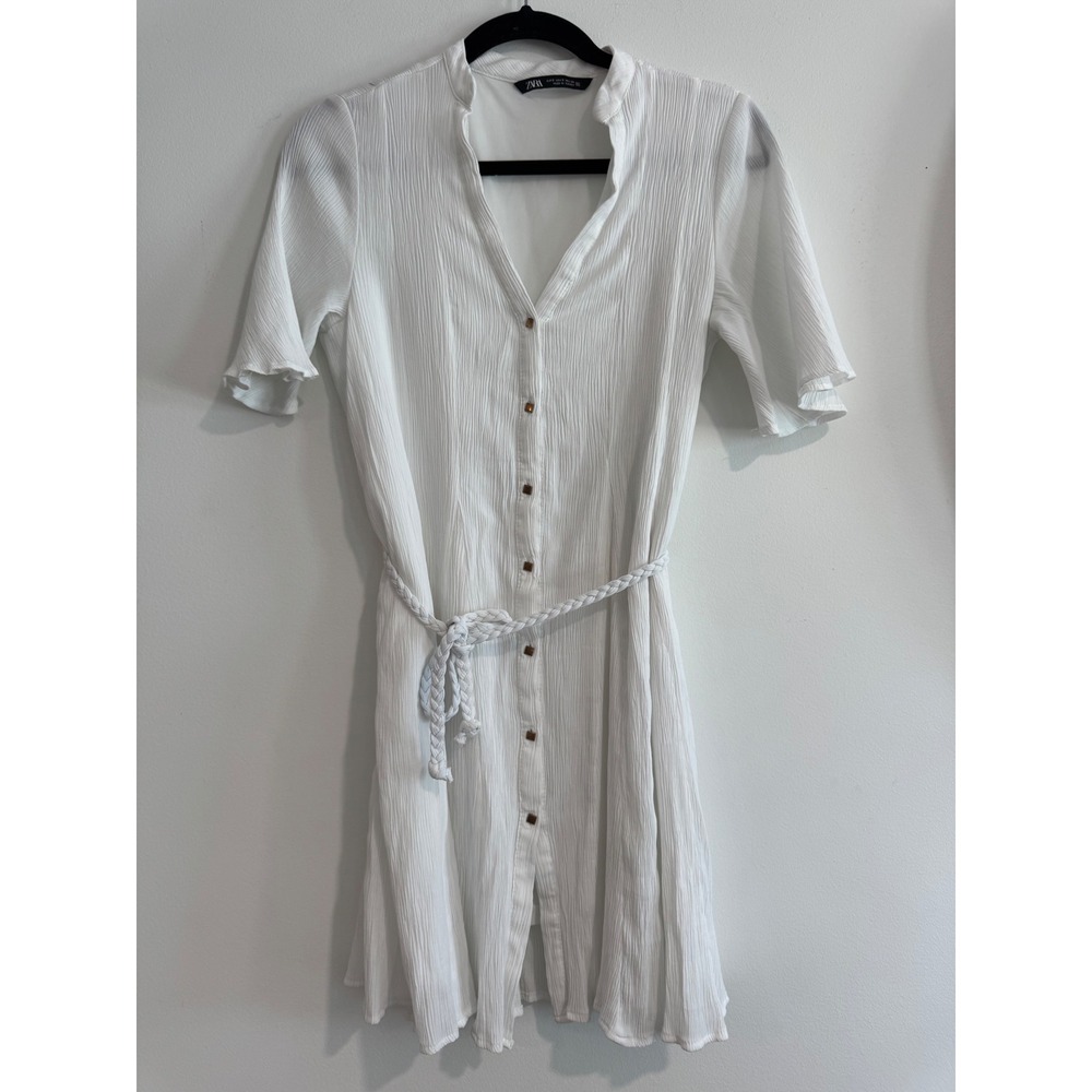 Zara Crinkle Texture Mini Shirt Dress Womens Small White Braided Rope Belt